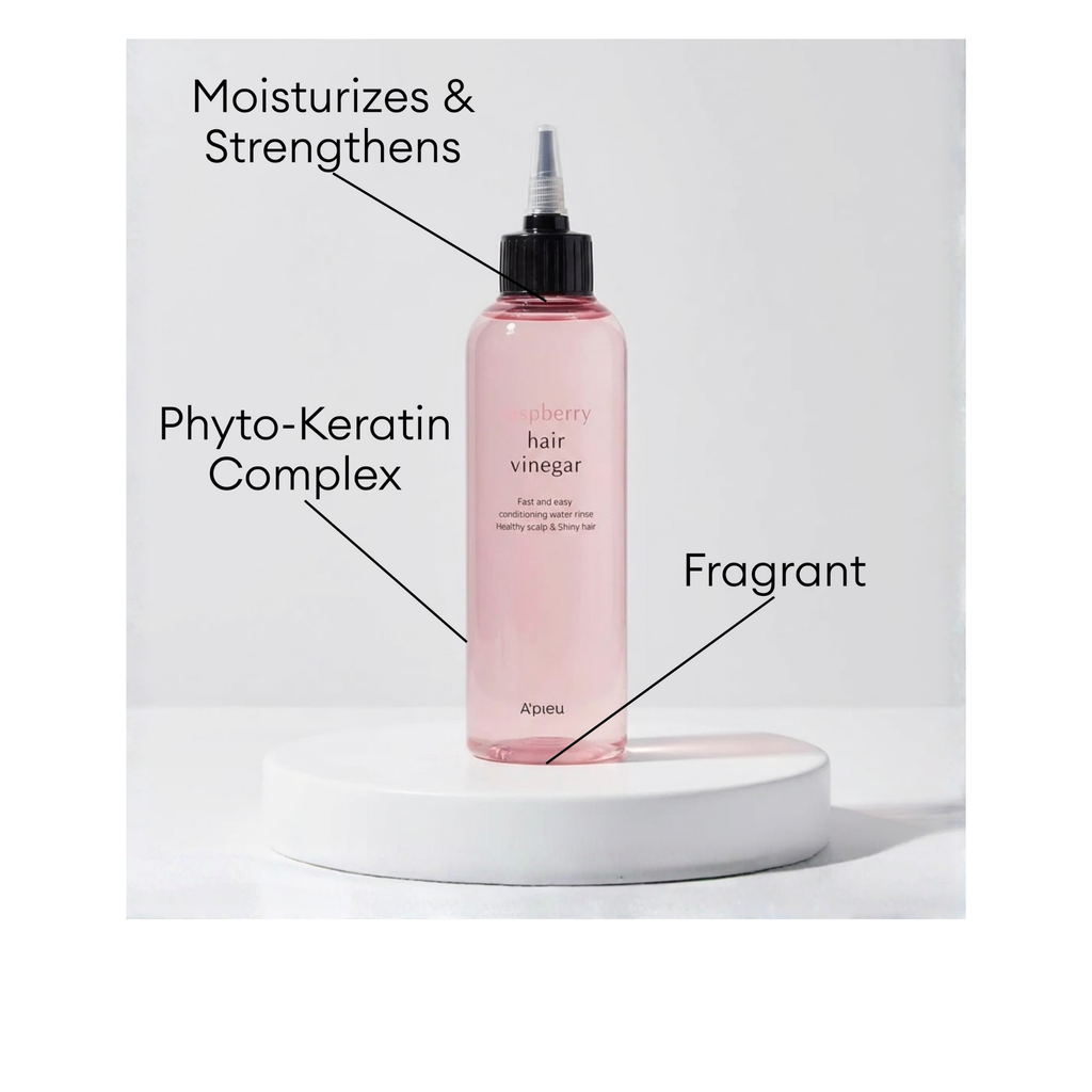 A'pieu Raspberry Hair Vinegar for silky, shiny hair featuring a raspberry pH balance to help clarify and strengthen the scalp.