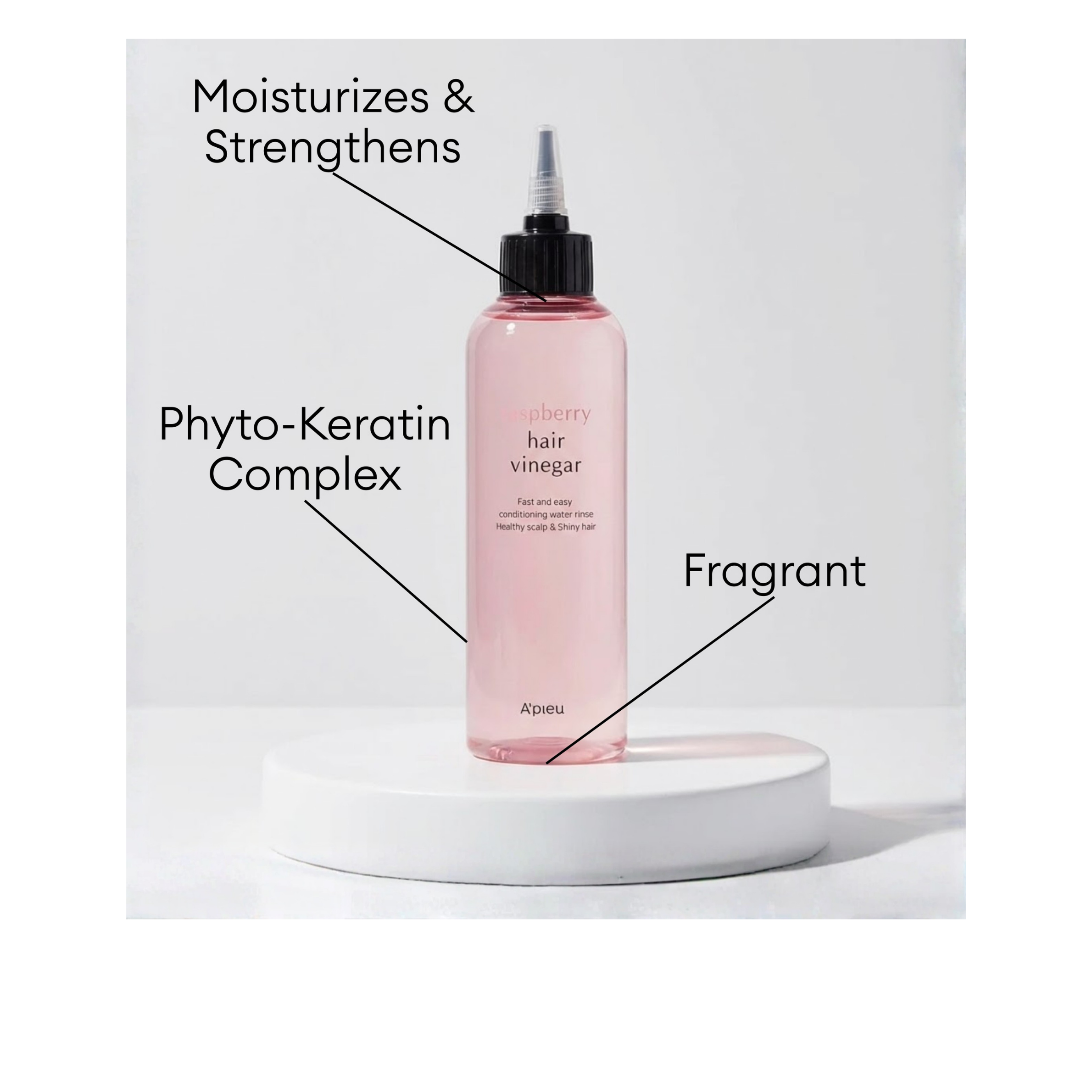 A'pieu Raspberry Hair Vinegar for silky, shiny hair featuring a raspberry pH balance to help clarify and strengthen the scalp.