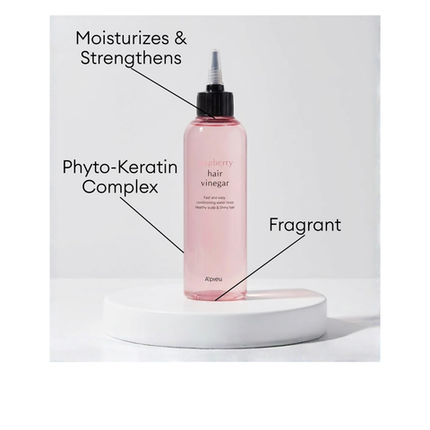 A'pieu Raspberry Hair Vinegar for silky, shiny hair featuring a raspberry pH balance to help clarify and strengthen the scalp.