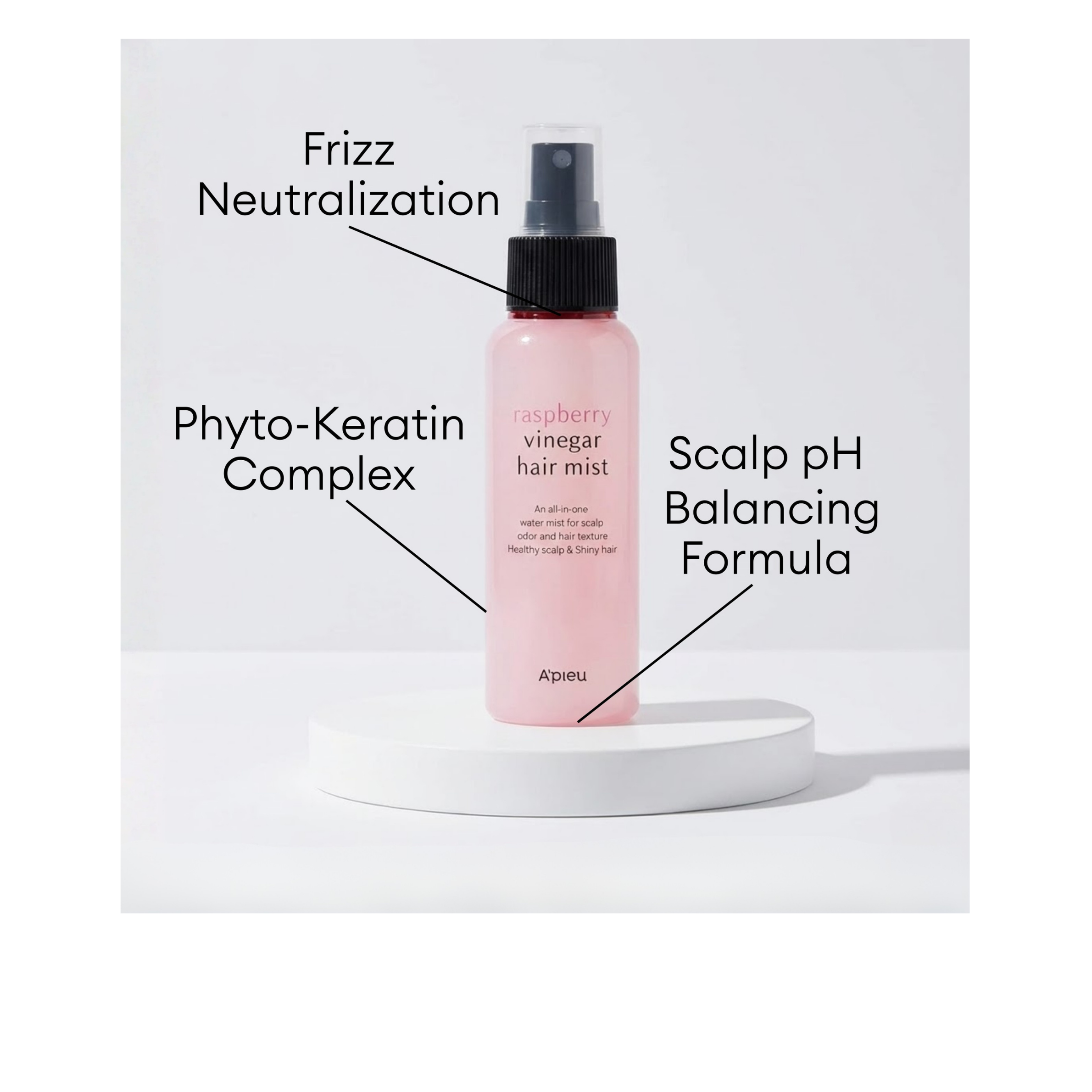 A'pieu Raspberry Vinegar Hair Mist with Phyto-Keratin Complex for frizz neutralization and scalp pH balance.