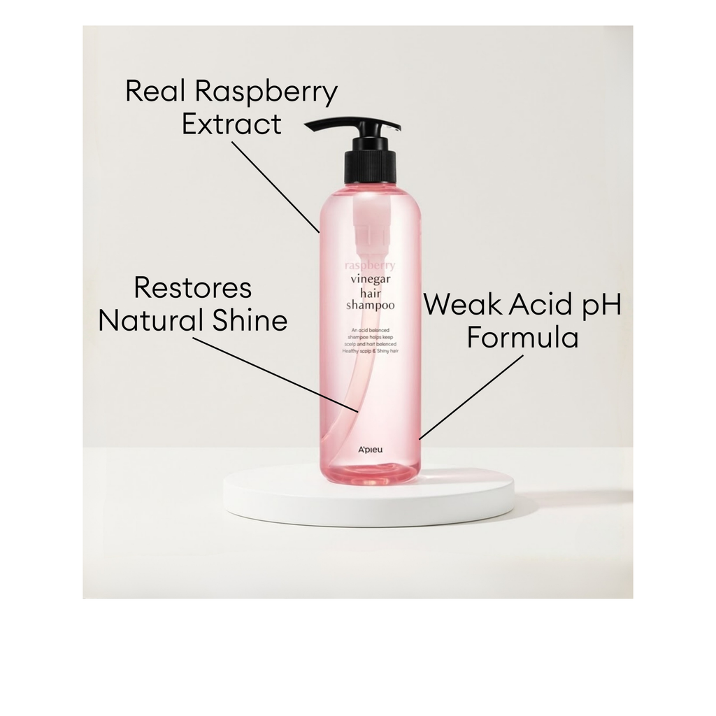 A'pieu Raspberry Vinegar Hair Shampoo with real raspberry extract and weak acid pH formula to restore natural shine.