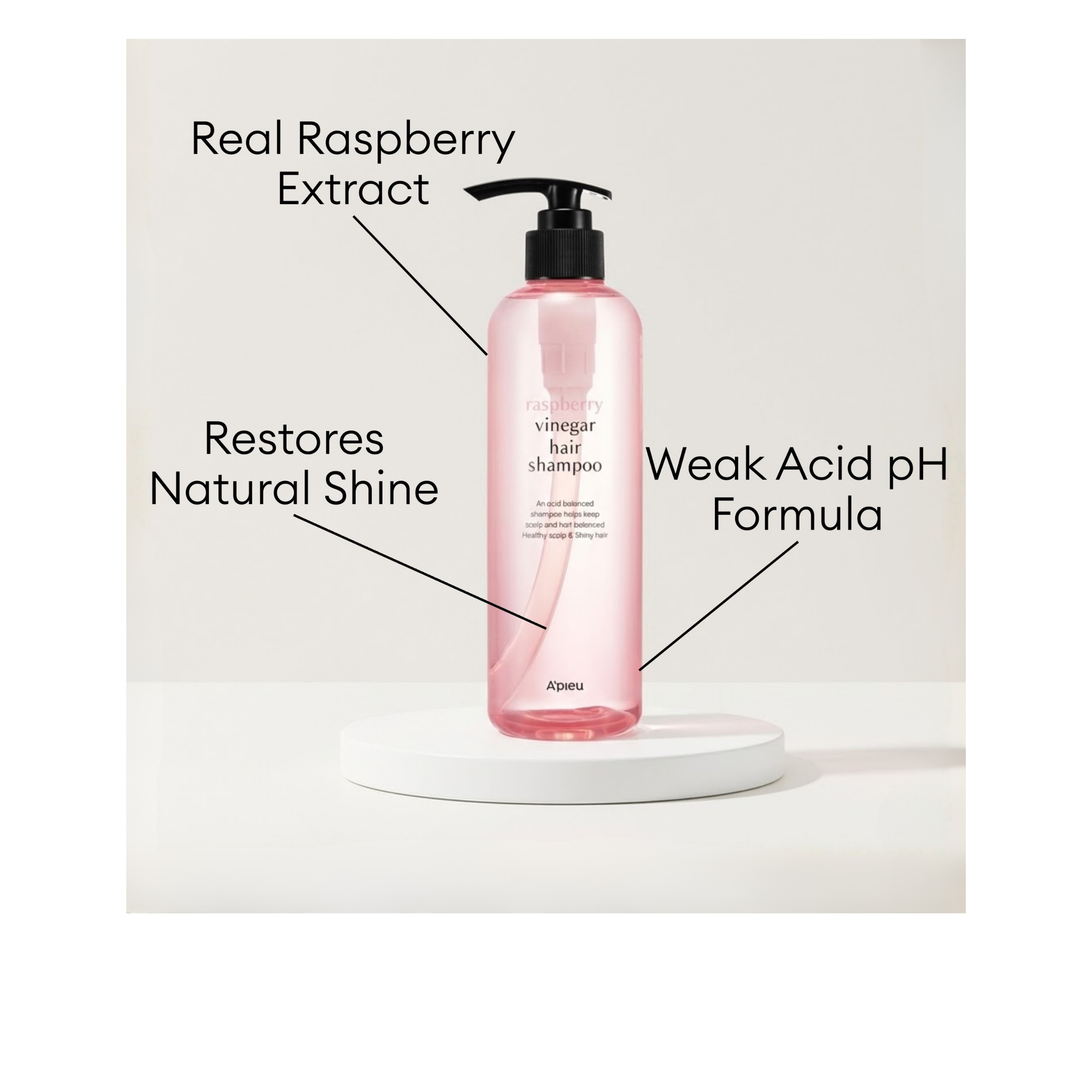 A'pieu Raspberry Vinegar Hair Shampoo with real raspberry extract and weak acid pH formula to restore natural shine.