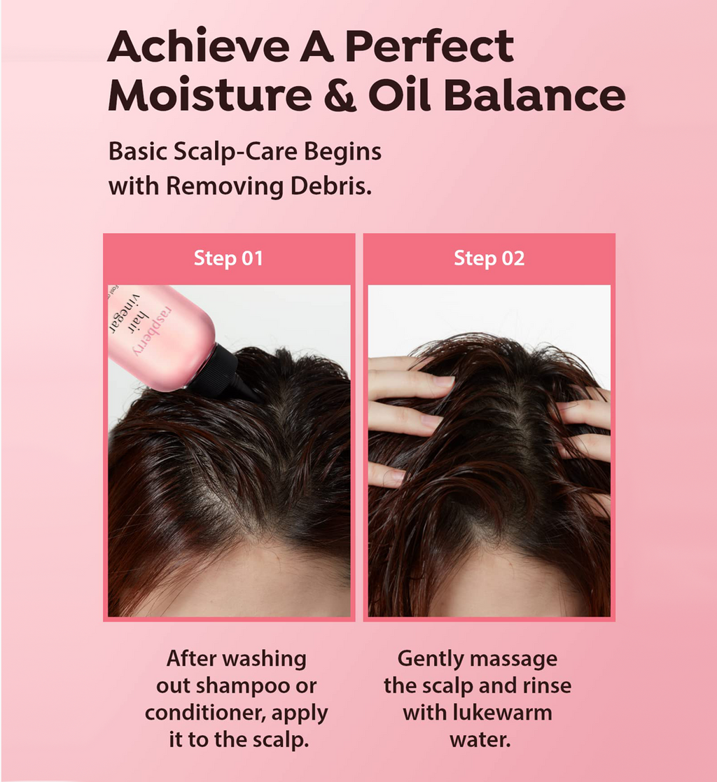 Step by step guide for applying the Missha raspberry hair vinegar to achieve a perfect moisture and oil balance.