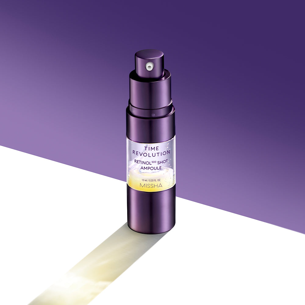 A purple ampoule of Time Revolution Night Repair Retinol Intensive Ampoule by Missha, designed for overnight skin care treatment.