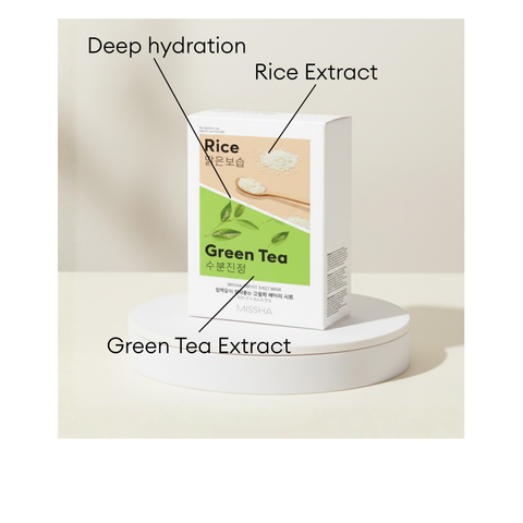 MISSHA Airy Fit Sheet Mask set featuring Rice Extract for deep hydration and Green Tea Extract for soothing moisture.
