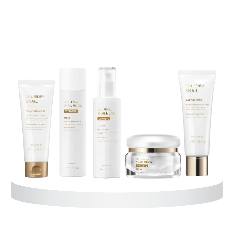 A collection of skincare products including a foaming cleanser, a-toner, an essence, a cream, and a sleeping mask, all enriched with snail mucin, displayed on a white platform against a white background.