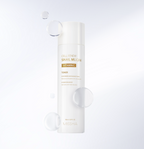 Studio shot of the Missha Cell Renew Snail Mucin Vitamin C Toner bottle standing upright, surrounded by large, floating water/serum droplets, suggesting deep hydration and a dewy finish.