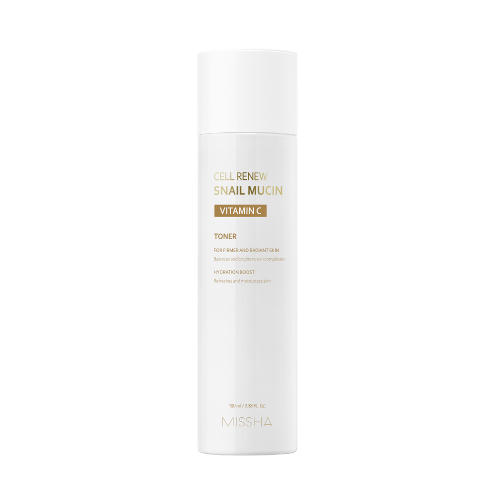 A bottle of Cell Renew Snail Mucin Vitamin C Toner by Missha, with a white and gold design, indicating it is a skincare product.