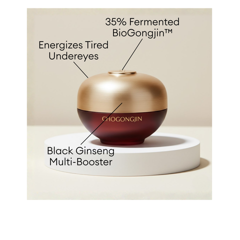 CHOGONGJIN Sosaeng Jin Eye Cream jar with 35% Fermented BioGongjin and Black Ginseng Multi-Booster to help energize tired undereyes.