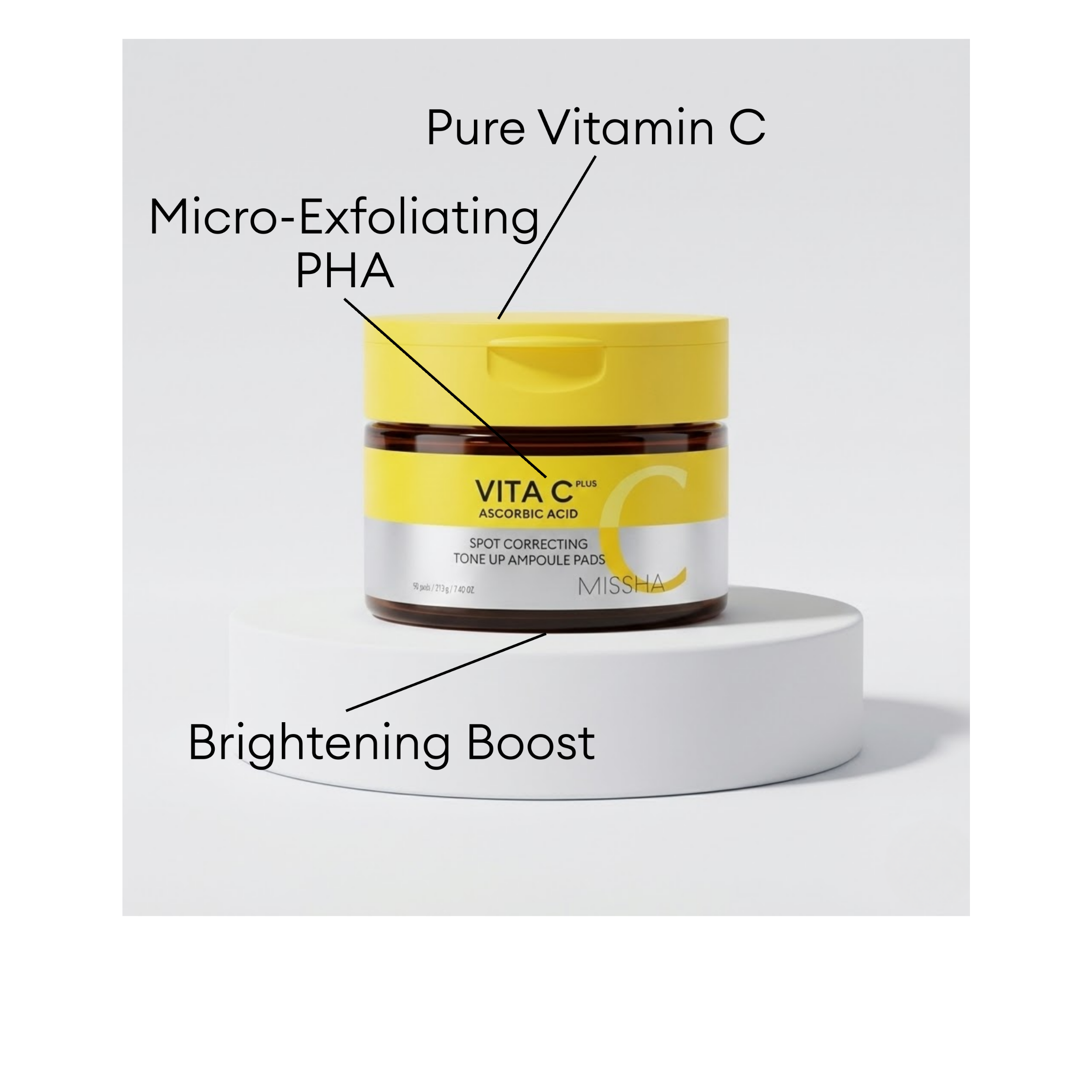 MISSHA Vita C Plus Spot Correcting Tone Up Ampoule Pads with Pure Vitamin C and Micro-Exfoliating PHA.