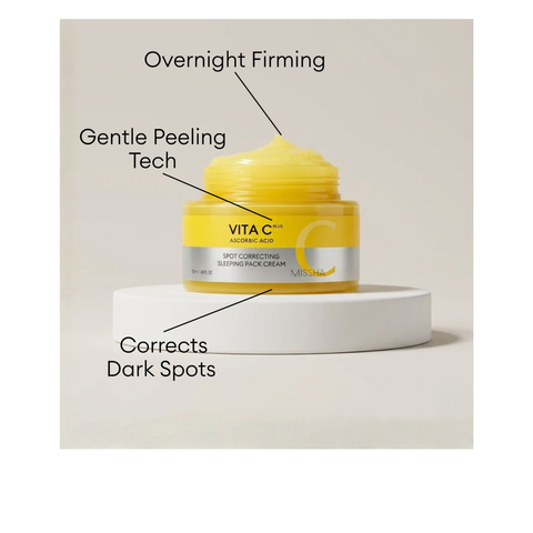 MISSHA Vita C Plus Spot Correcting Sleeping Pack Cream for overnight firming and dark spot correction.
