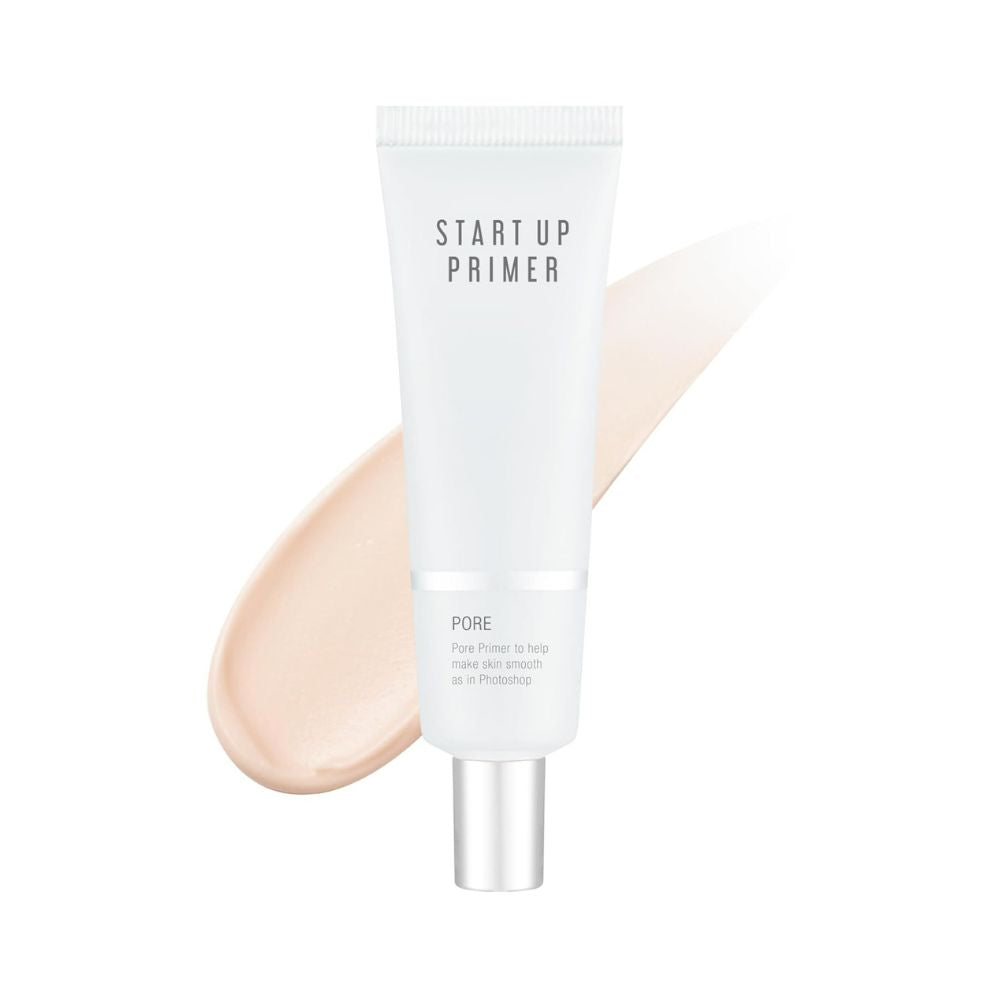 A'PIEU Start Up Pore Primer tube with beige colored cream coming out, indicating the product is a makeup primer.
