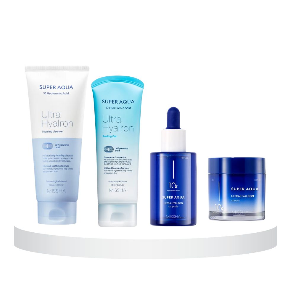 A collection of four skincare products from the Super Aqua line, including a cleansing foam, peeling gel, ampoule, and cream, all in white and blue packaging.