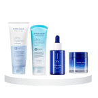 A collection of four skincare products from the Super Aqua line, including a cleansing foam, peeling gel, ampoule, and cream, all in white and blue packaging.
