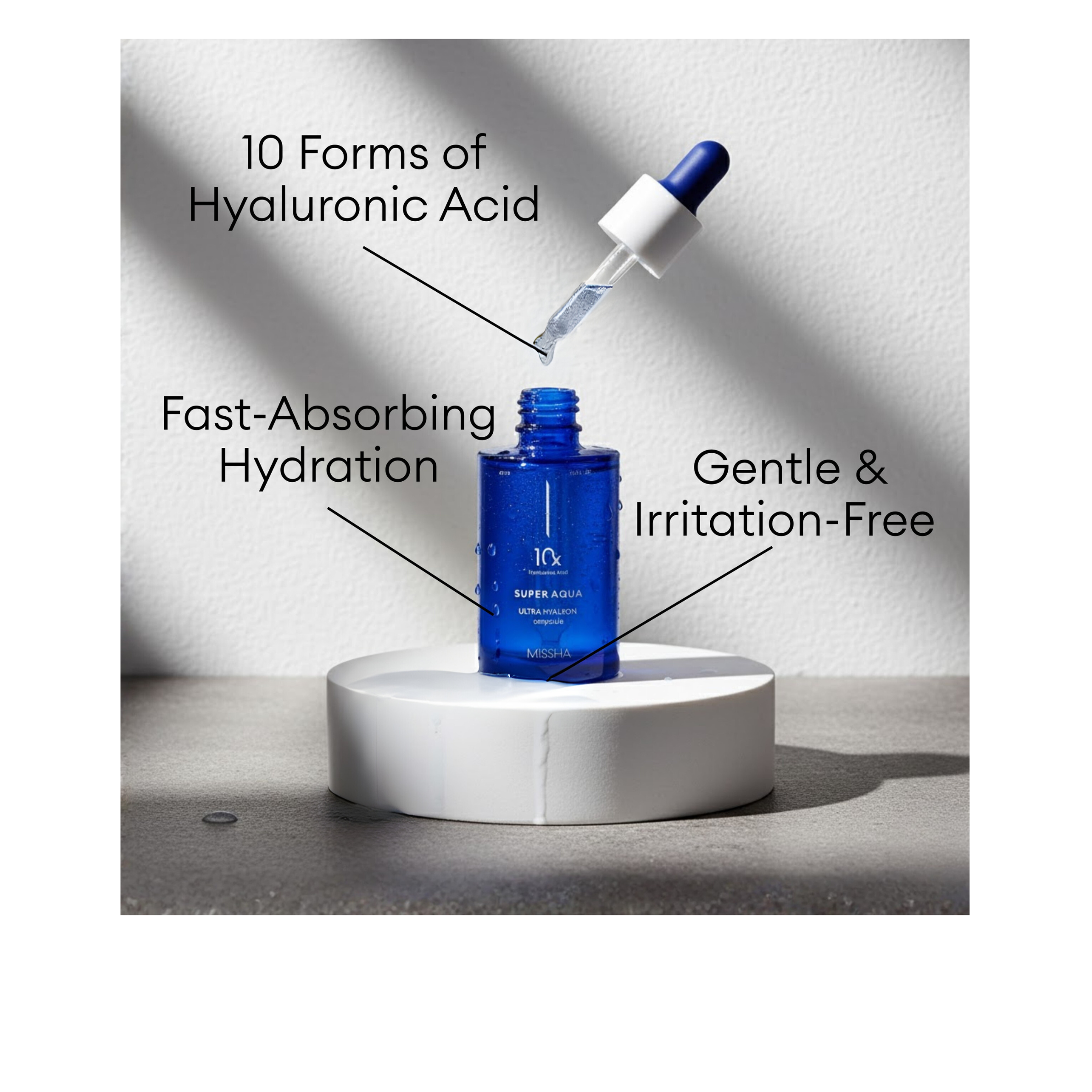 MISSHA Super Aqua Ultra Hyalron Ampoule bottle with 10 forms of Hyaluronic Acid for fast-absorbing, irritation-minimized hydration.