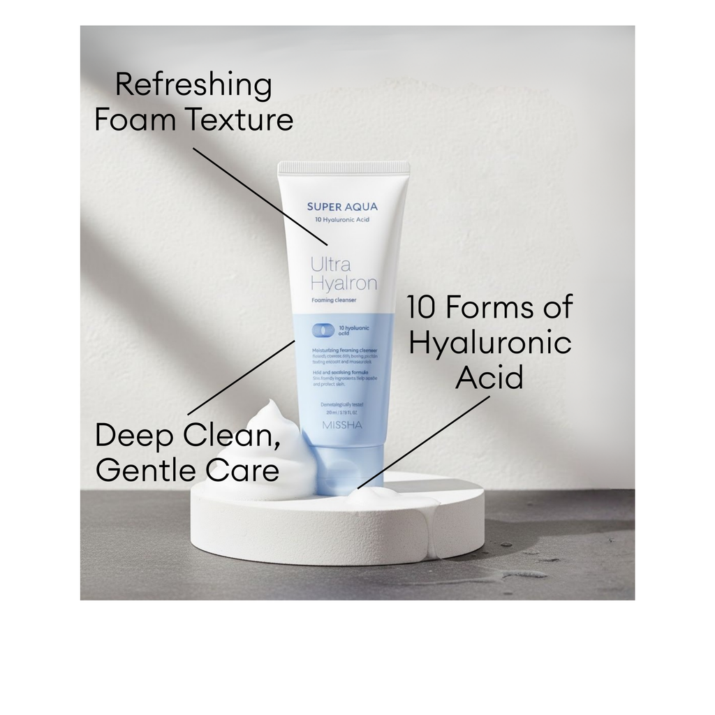 MISSHA Super Aqua Ultra Hyalron Foaming Cleanser tube with 10 forms of Hyaluronic Acid for a deep clean and gentle moisturizing care.