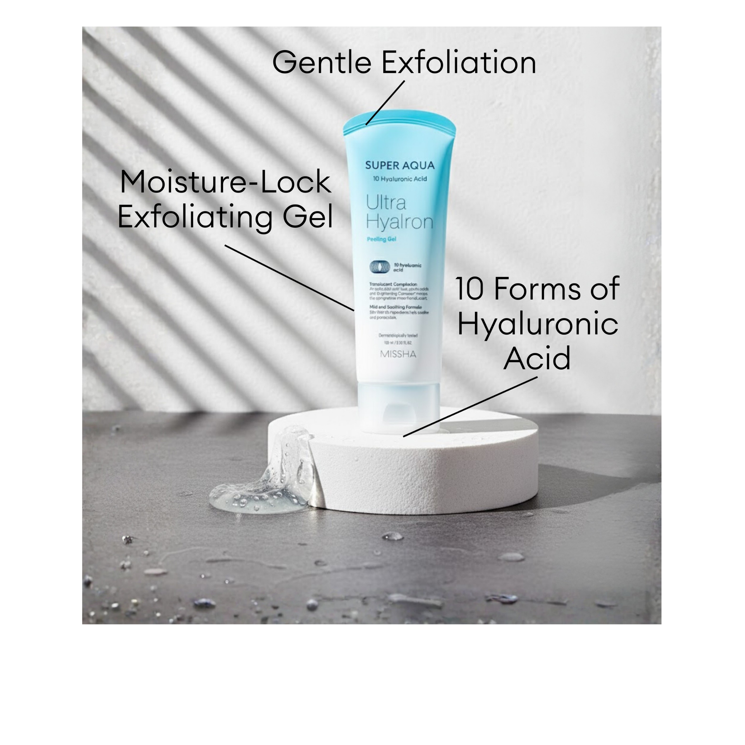 MISSHA Super Aqua Ultra Hyalron Peeling Gel tube with 10 forms of Hyaluronic Acid providing gentle exfoliation and moisture-lock benefits.