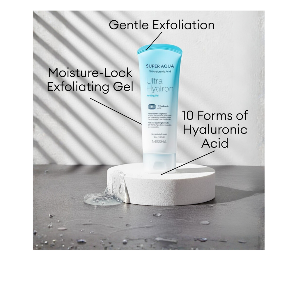 MISSHA Super Aqua Ultra Hyalron Peeling Gel tube with 10 forms of Hyaluronic Acid providing gentle exfoliation and moisture-lock benefits.