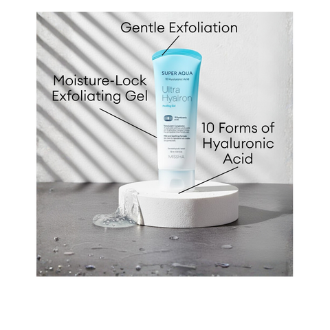 MISSHA Super Aqua Ultra Hyalron Peeling Gel tube with 10 forms of Hyaluronic Acid providing gentle exfoliation and moisture-lock benefits.