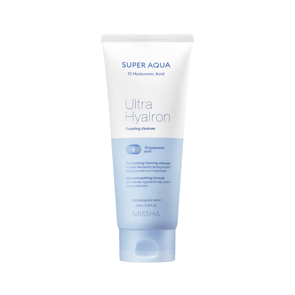 A tube of Missha Super Aqua Ultra Hyalron Cleansing Foam with blue and white color scheme.