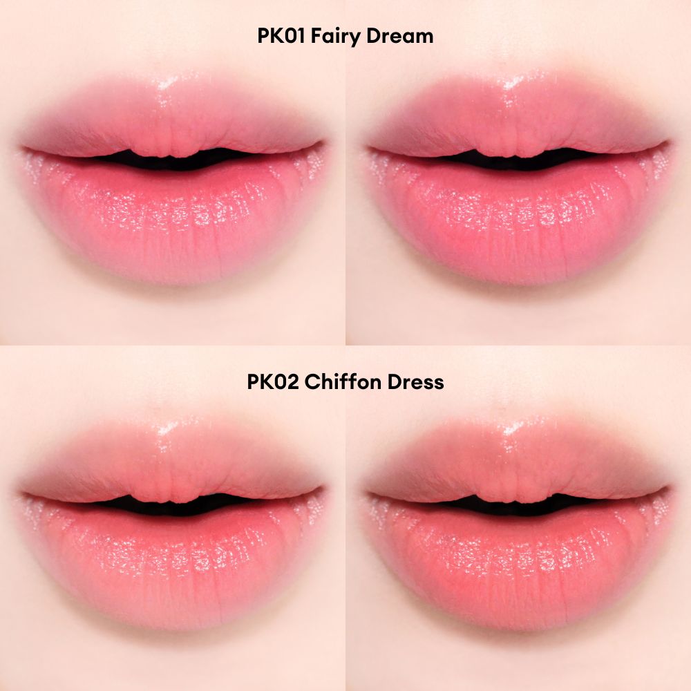Close-up of lips showcasing two shades of glossy pink lipstick. The top two images show shade PK01 Fairy Dream — a soft rosy pink with a dewy finish. The bottom two images show shade PK02 Chiffon Dress — a warmer, peachy pink tone with a natural glossy look.