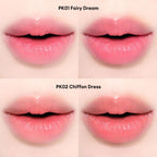 Close-up of lips showcasing two shades of glossy pink lipstick. The top two images show shade PK01 Fairy Dream — a soft rosy pink with a dewy finish. The bottom two images show shade PK02 Chiffon Dress — a warmer, peachy pink tone with a natural glossy look.