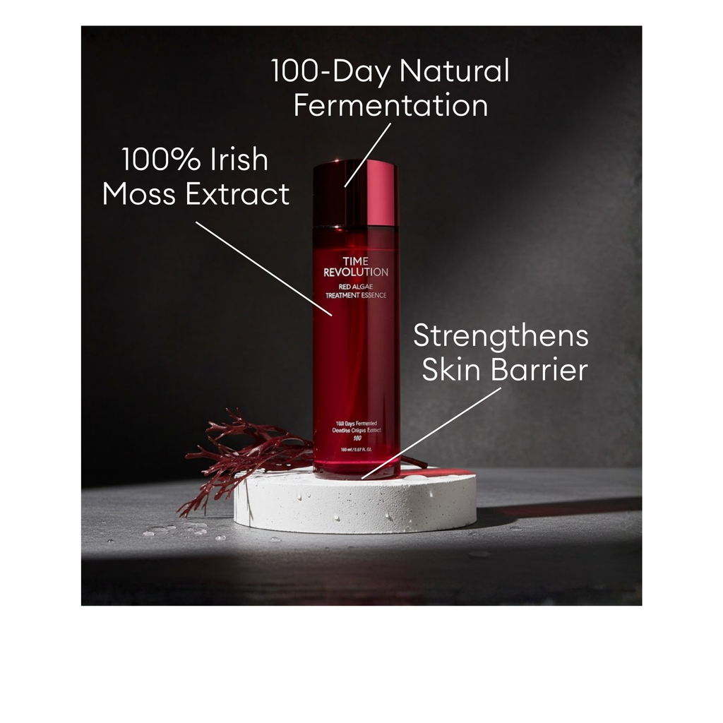 MISSHA Time Revolution Red Algae Treatment Essence featuring 100% Irish Moss Extract and 100-day natural fermentation to help strengthen the skin barrier.