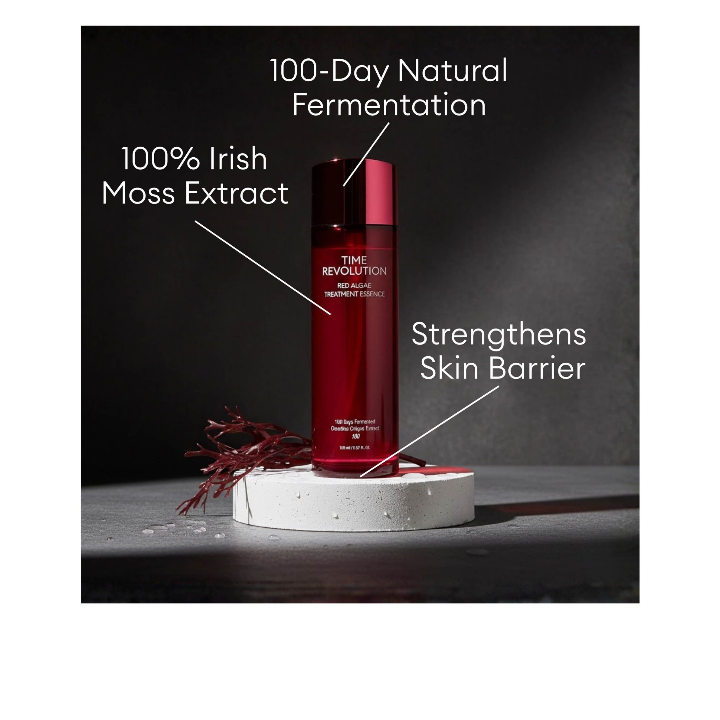 MISSHA Time Revolution Red Algae Treatment Essence featuring 100% Irish Moss Extract and 100-day natural fermentation to help strengthen the skin barrier.