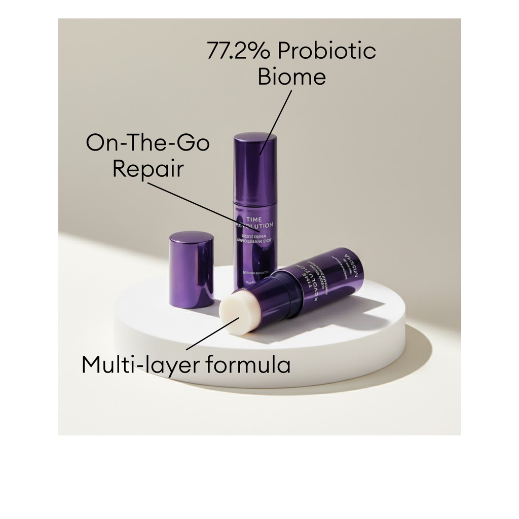 MISSHA Time Revolution Night Repair Ampoule Balm Stick with 77.2% Probiotic Biome for on-the-go repair.