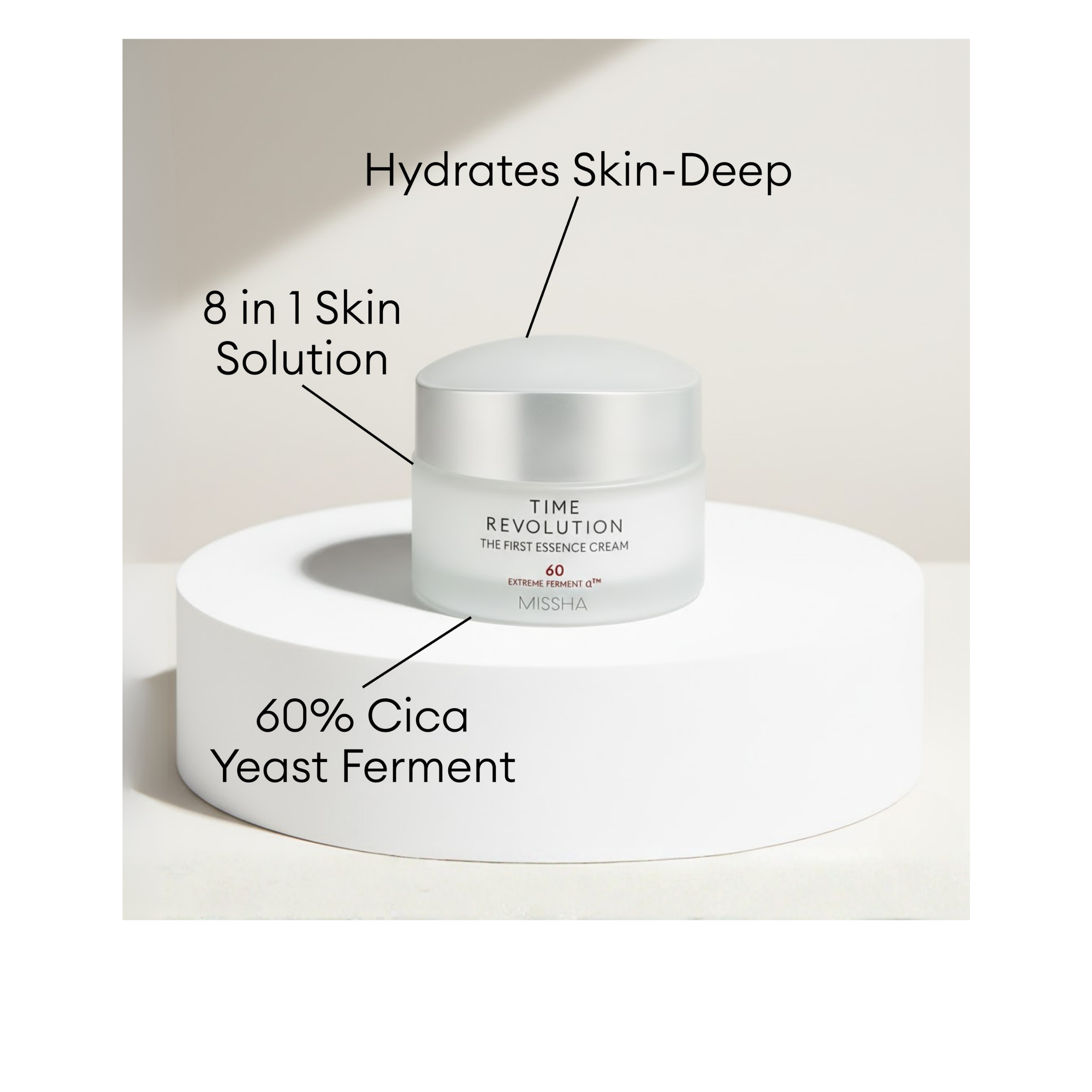 MISSHA Time Revolution The First Essence Cream with 60% Cica Yeast Ferment for deep 8-in-1 skin hydration.