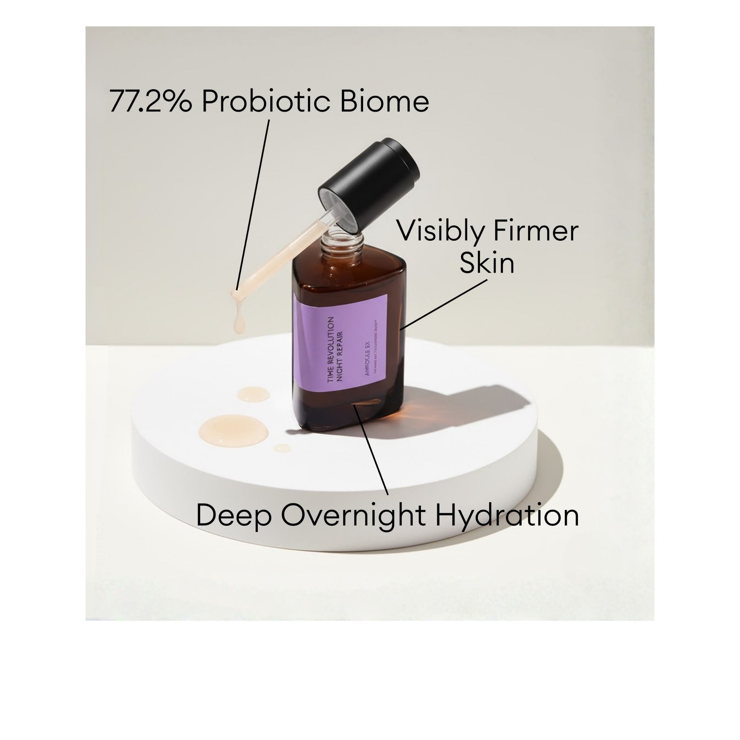 MISSHA Time Revolution Night Repair Ampoule 5X featuring 77.2% Probiotic Biome for visibly firmer skin and deep overnight hydration.