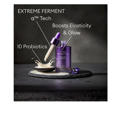 MISSHA Time Revolution Night Repair Ampoule 5X with 10 Probiotics and Extreme Ferment Alpha Tech to help boost elasticity and glow.