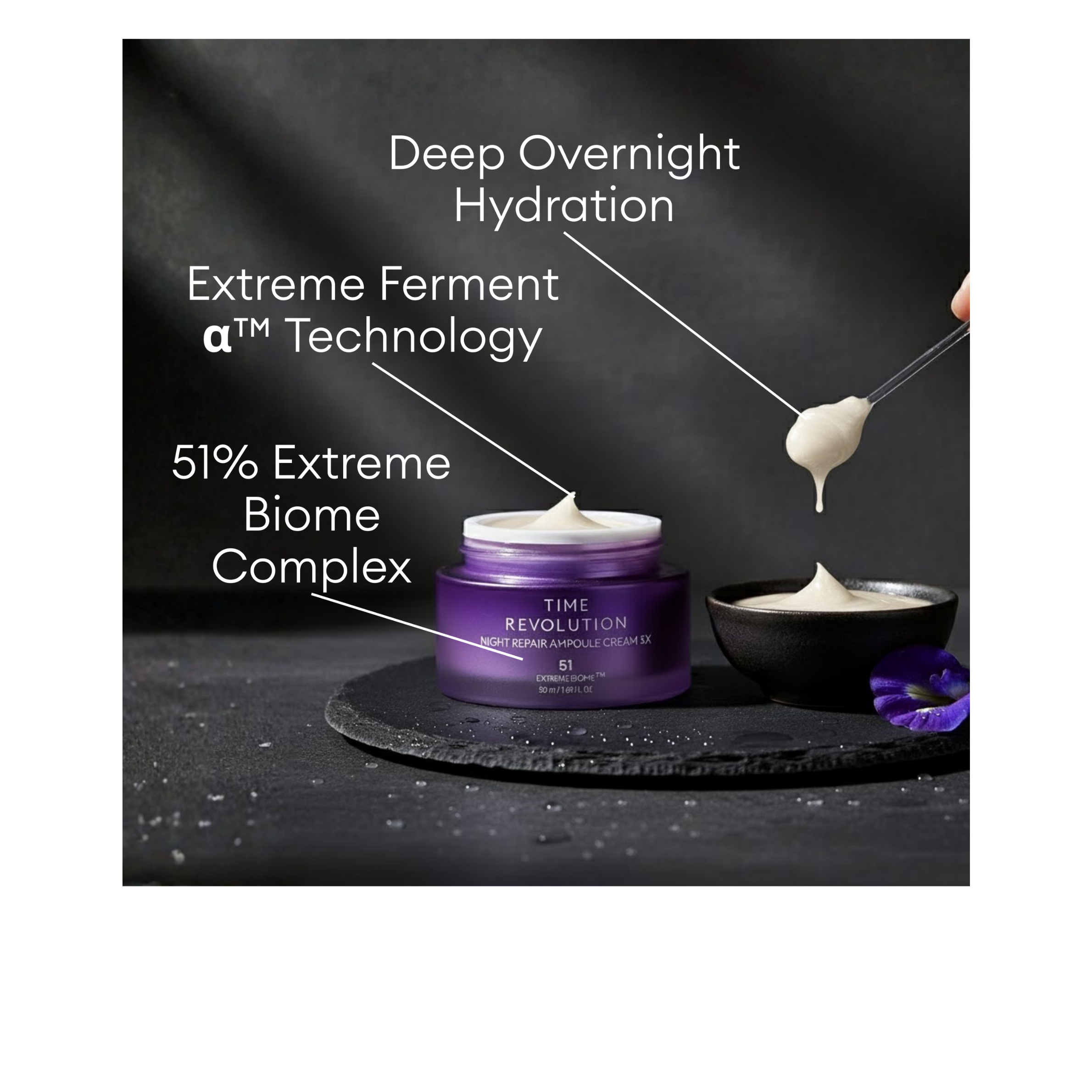 MISSHA Time Revolution Night Repair Ampoule Cream 5X jar with 51% Extreme Biome Complex and Extreme Ferment α Tech for deep overnight hydration.