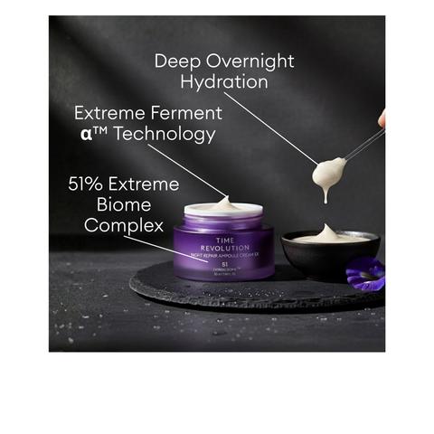 MISSHA Time Revolution Night Repair Ampoule Cream 5X jar with 51% Extreme Biome Complex and Extreme Ferment α Tech for deep overnight hydration.