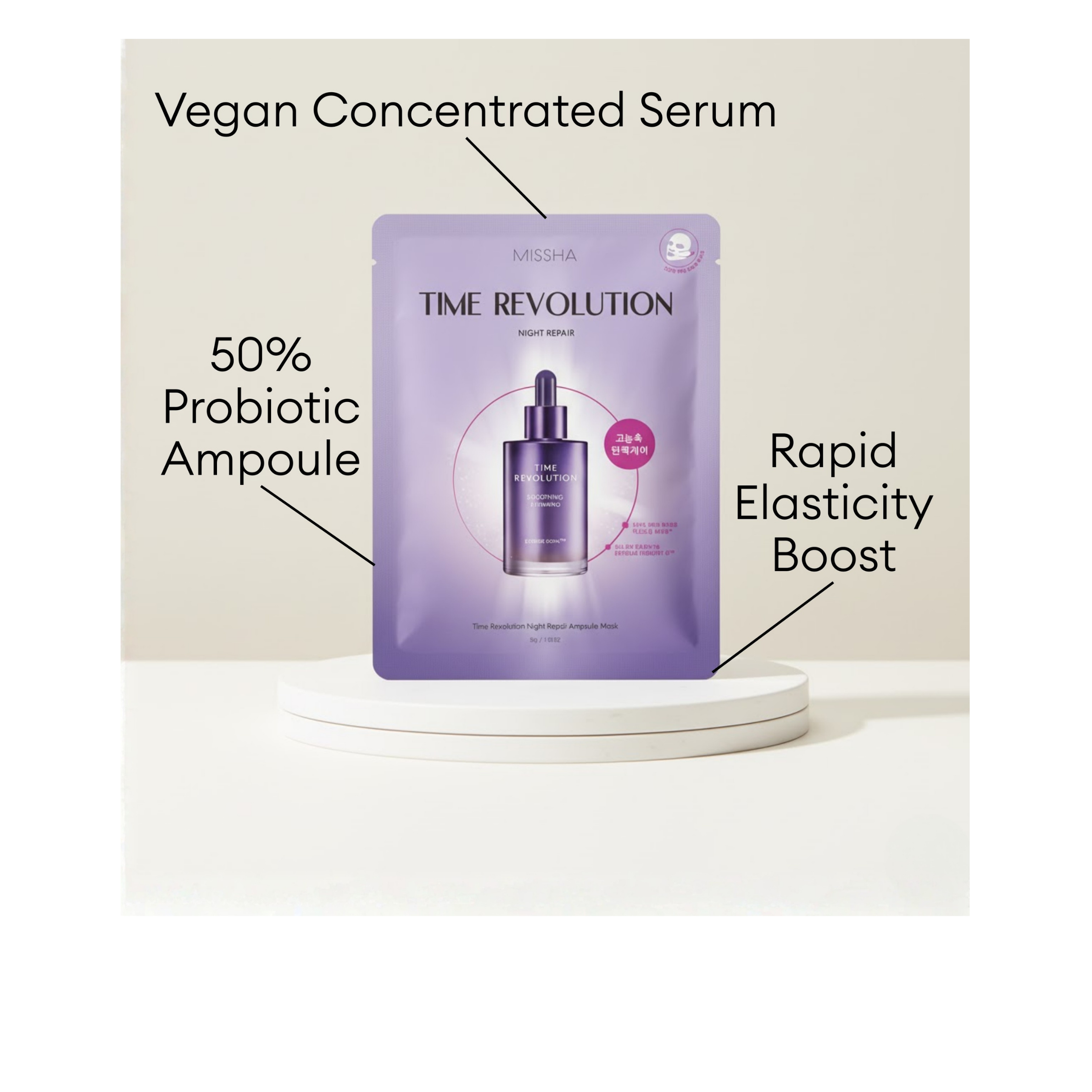 MISSHA Time Revolution Night Repair Ampoule Mask with 50% Probiotic Ampoule and vegan concentrated serum for a rapid elasticity boost.