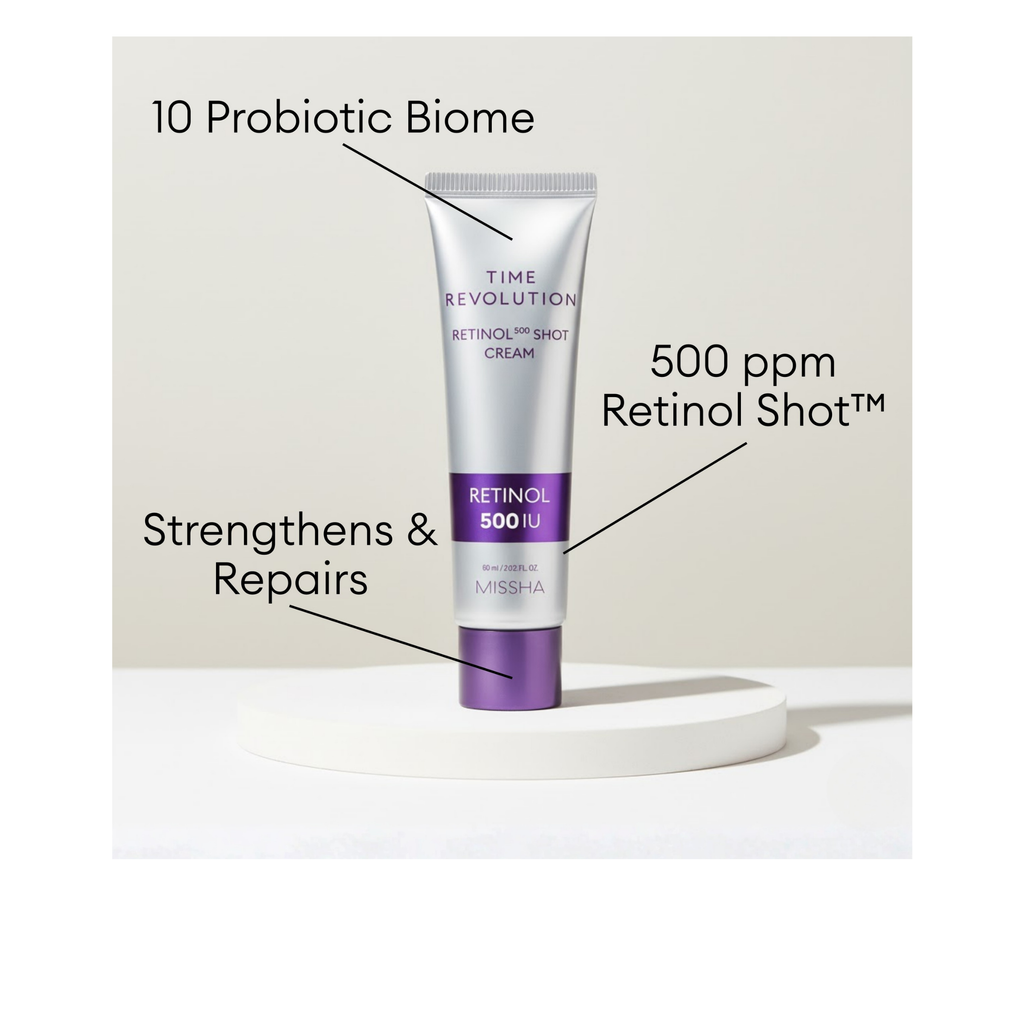 MISSHA Time Revolution Retinol 500 Shot Cream with 10 Probiotic Biome and 500 ppm Retinol Shot to strengthen and repair skin.
