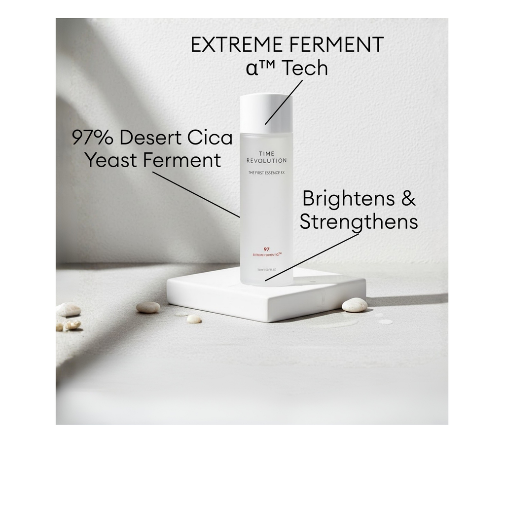 MISSHA Time Revolution The First Essence 5X with 97% Desert Cica Yeast Ferment and Extreme Ferment Alpha Tech to help brighten and strengthen.