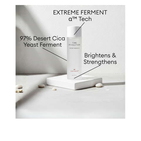 MISSHA Time Revolution The First Essence 5X with 97% Desert Cica Yeast Ferment and Extreme Ferment Alpha Tech to help brighten and strengthen.