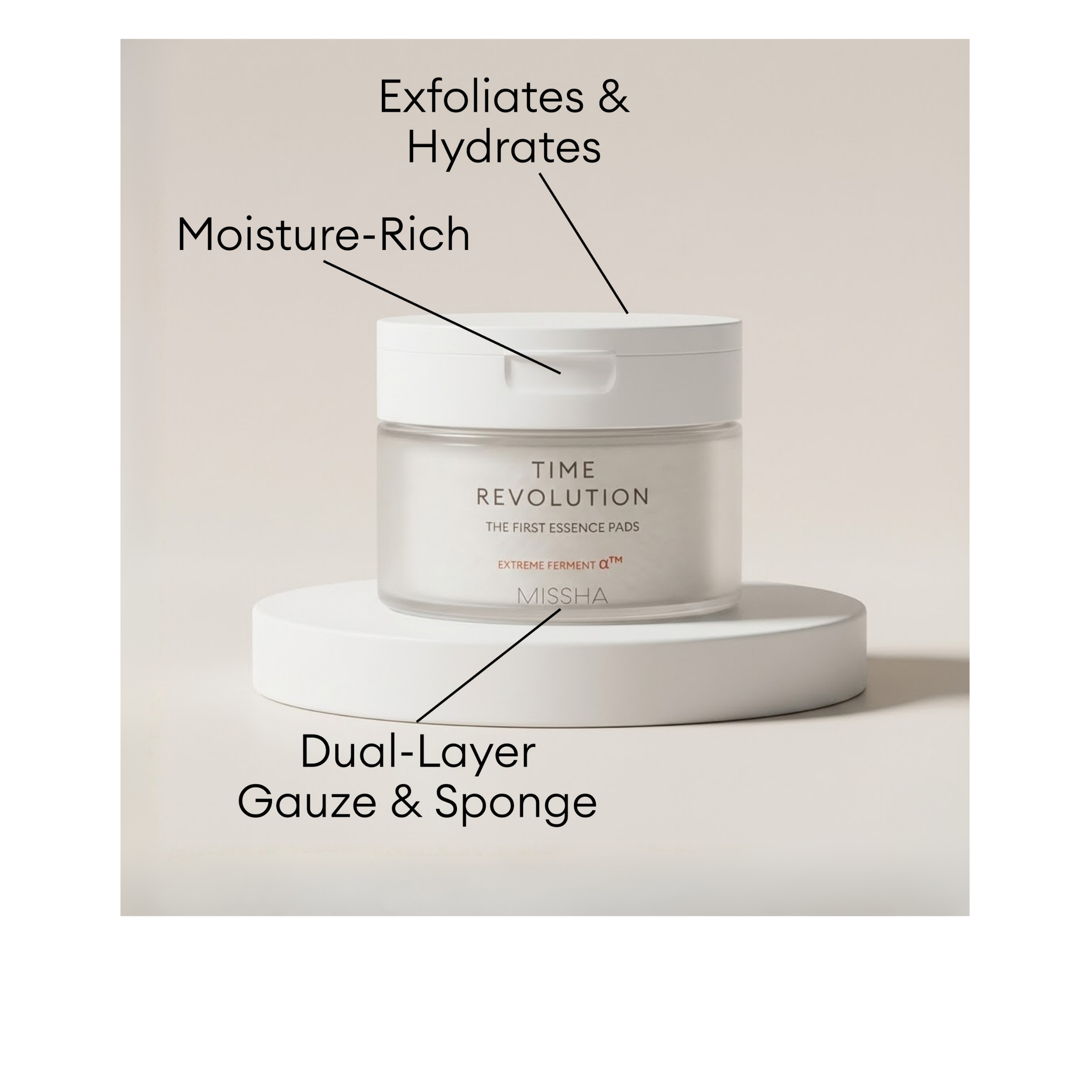 MISSHA Time Revolution The First Essence Pads featuring dual-layer gauze and sponge to help exfoliate, hydrate, and moisturize.
