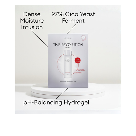 MISSHA Time Revolution The First Essence Mask with 97% Cica Yeast Ferment and pH-balancing hydrogel for dense moisture infusion.