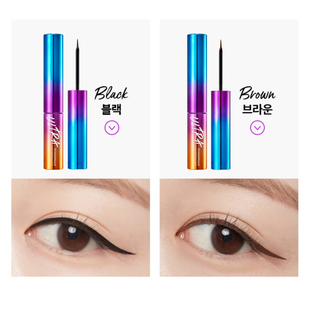Both eyeliner shades displayed on model eyes