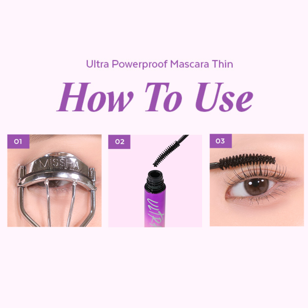 MISSHA Ultra Powerproof Thin Mascara how-to guide showing steps: curl lashes, apply mascara with curved brush, and coat evenly for lifted definition