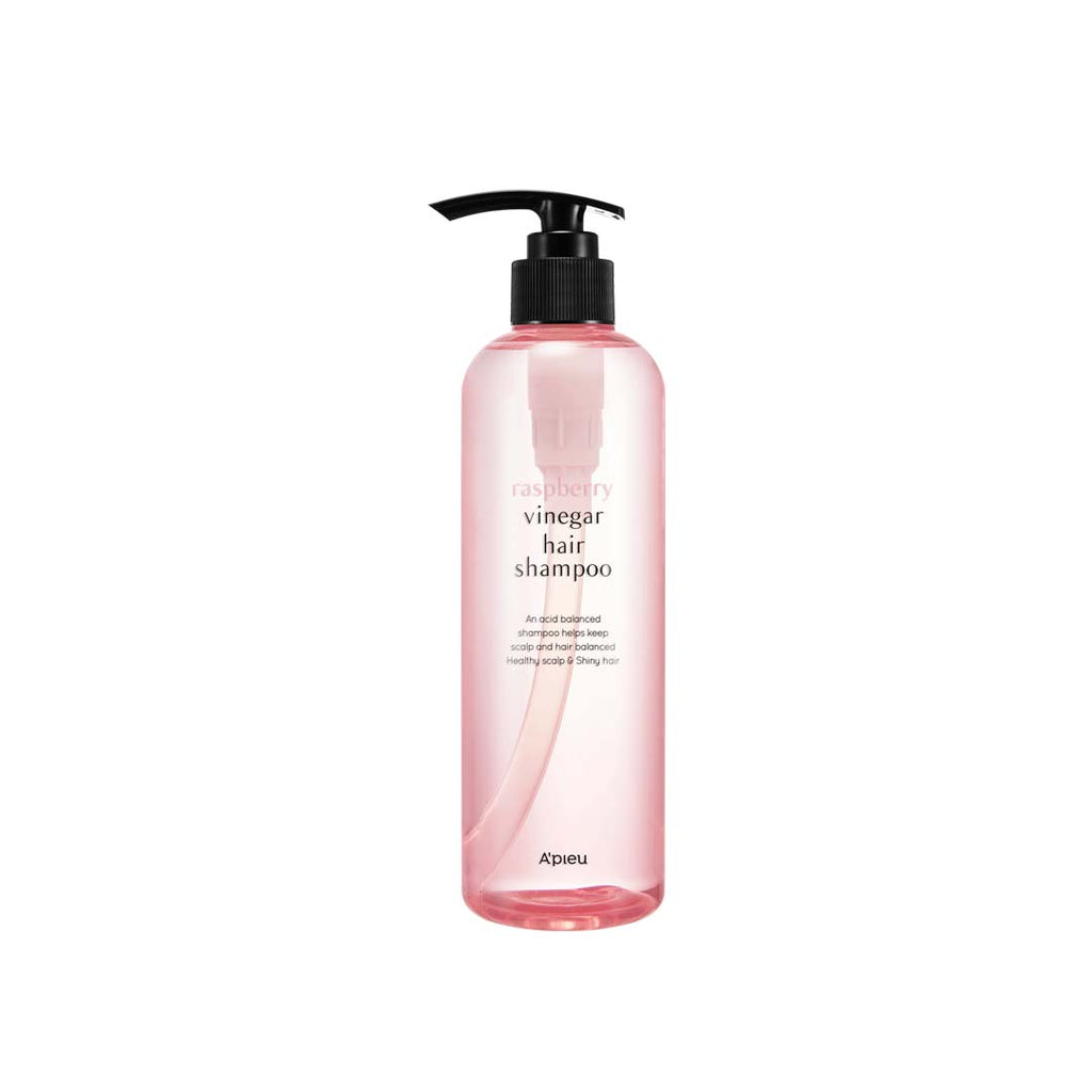 A'pieu Raspberry Vinegar Hair Shampoo in a clear pink bottle with a black pump.