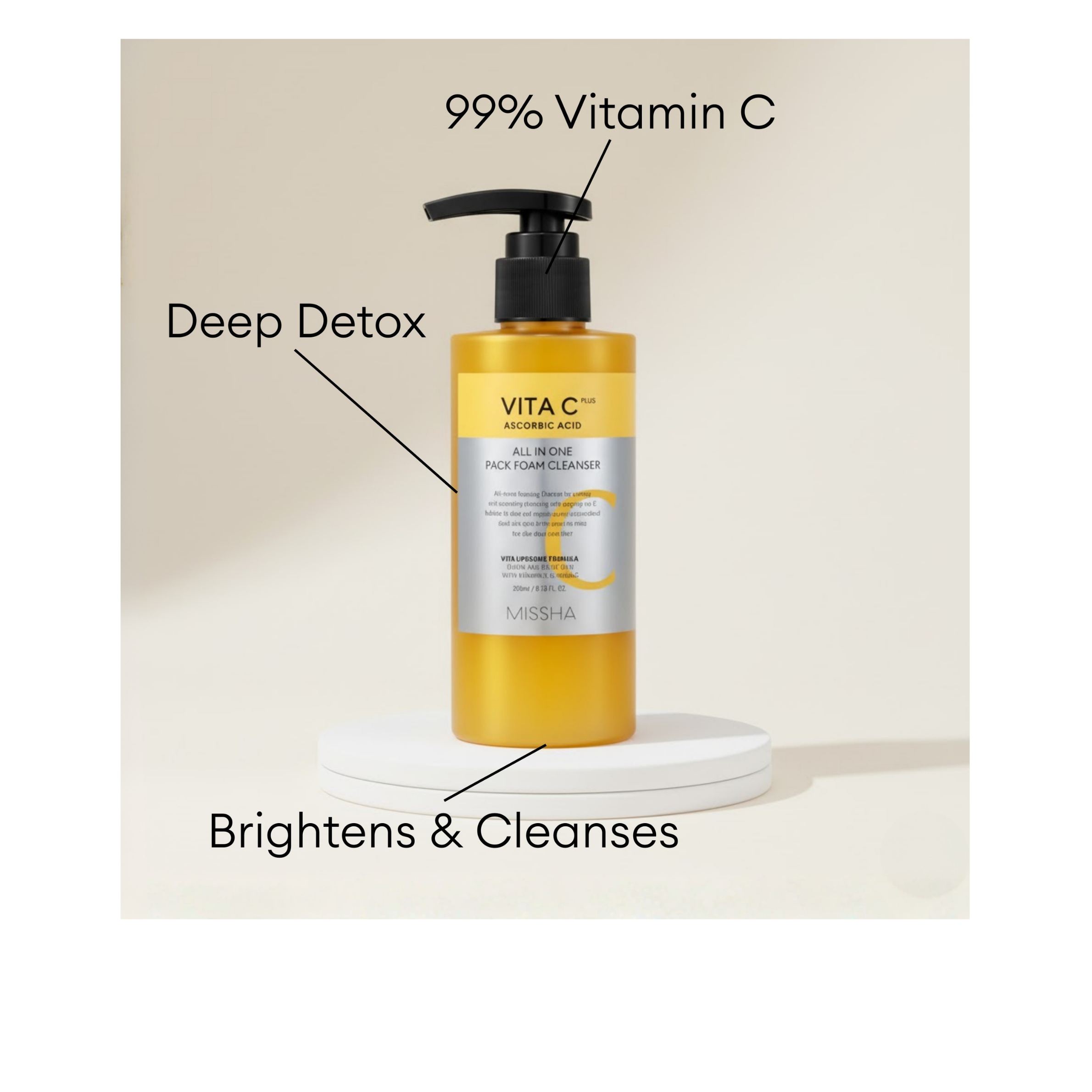 MISSHA Vita C Plus All In One Pack Foam Cleanser with 99% Vitamin C for deep detox, brightening, and cleansing.
