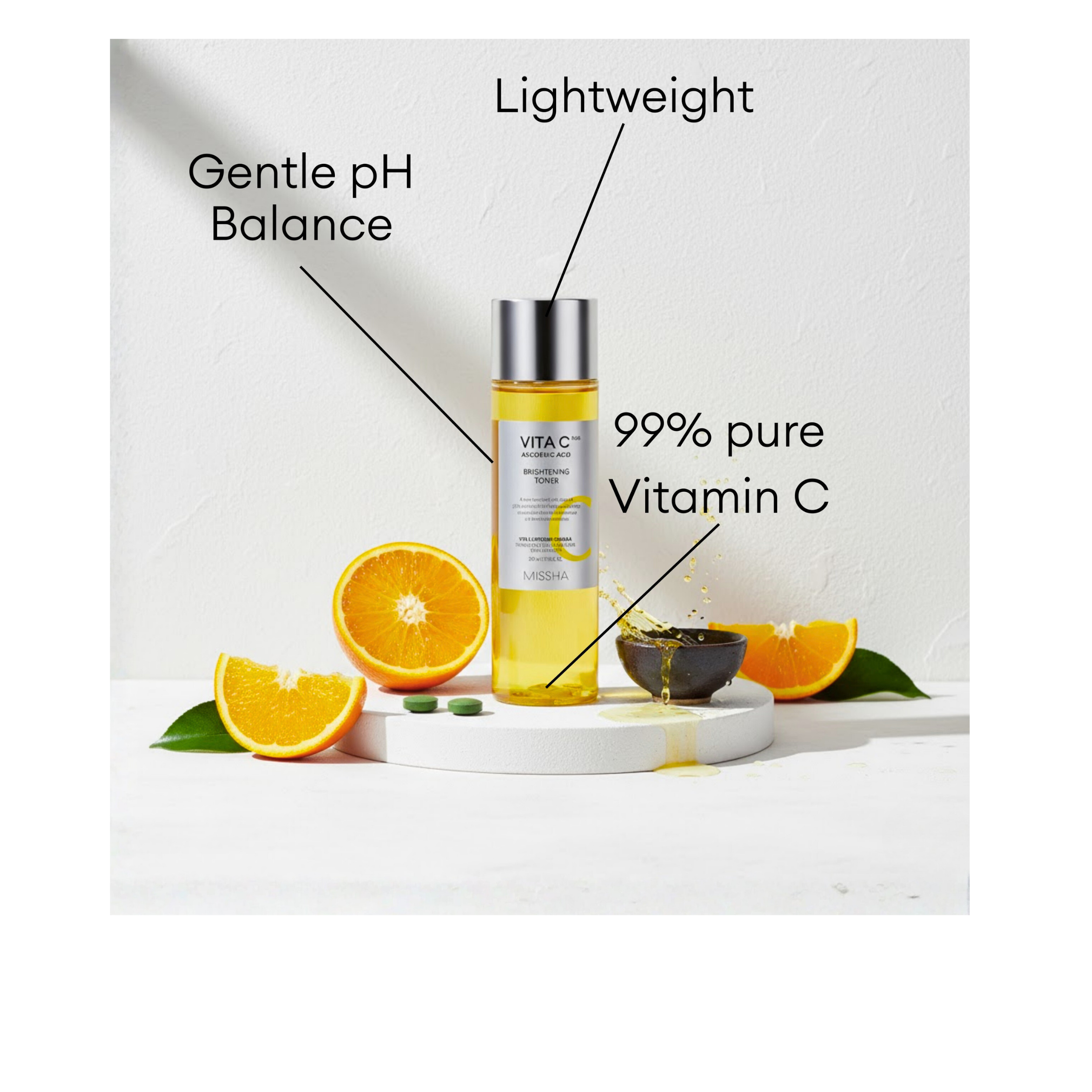 MISSHA Vita C Plus Brightening Toner bottle containing Vitamin C with a gentle pH balance and lightweight formula for radiant skin.