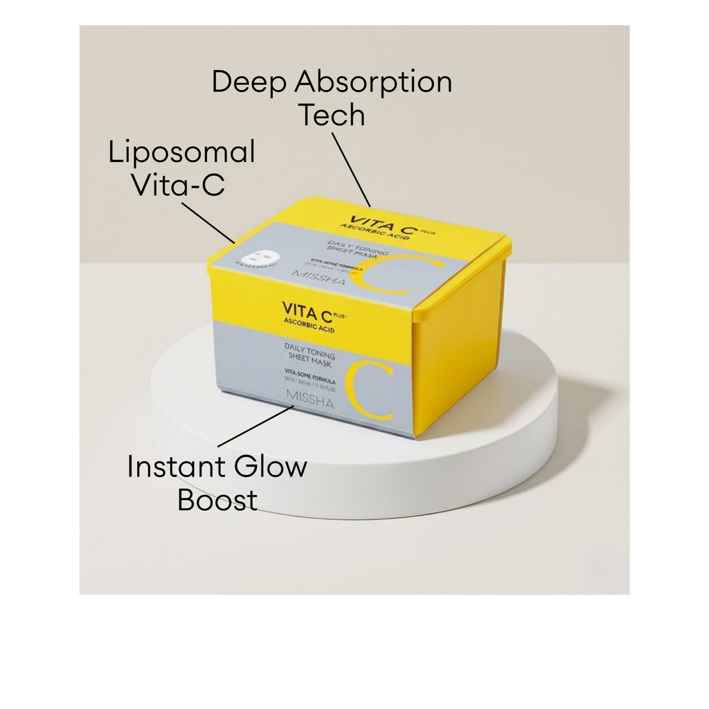 MISSHA Vita C Plus Daily Toning Sheet Mask with Liposomal Vita-C and Deep Absorption Tech for an instant glow boost.