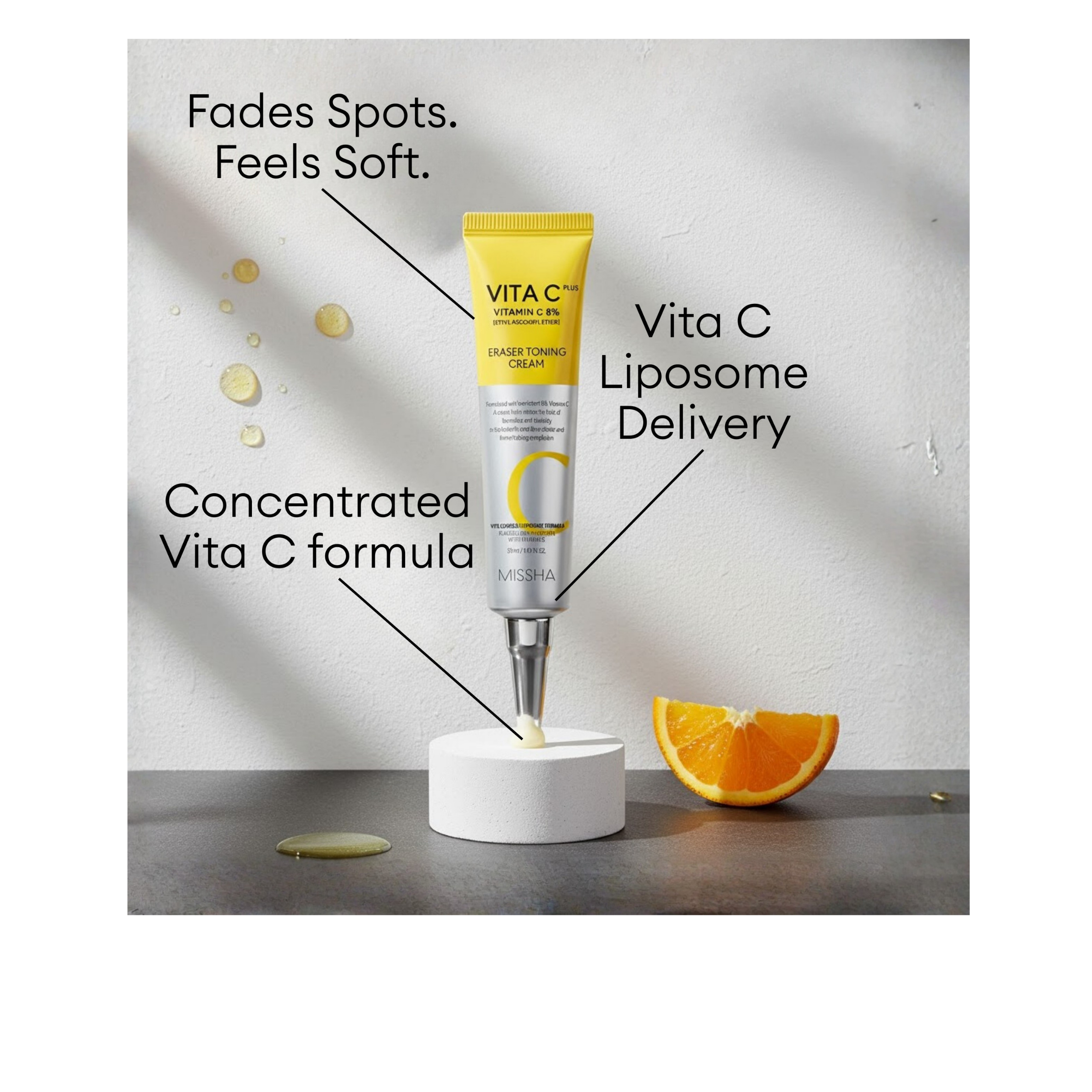 MISSHA Vita C Plus Eraser Toning Cream tube featuring a Vitamin C formula and Liposome Delivery to help fade spots and soften skin texture.