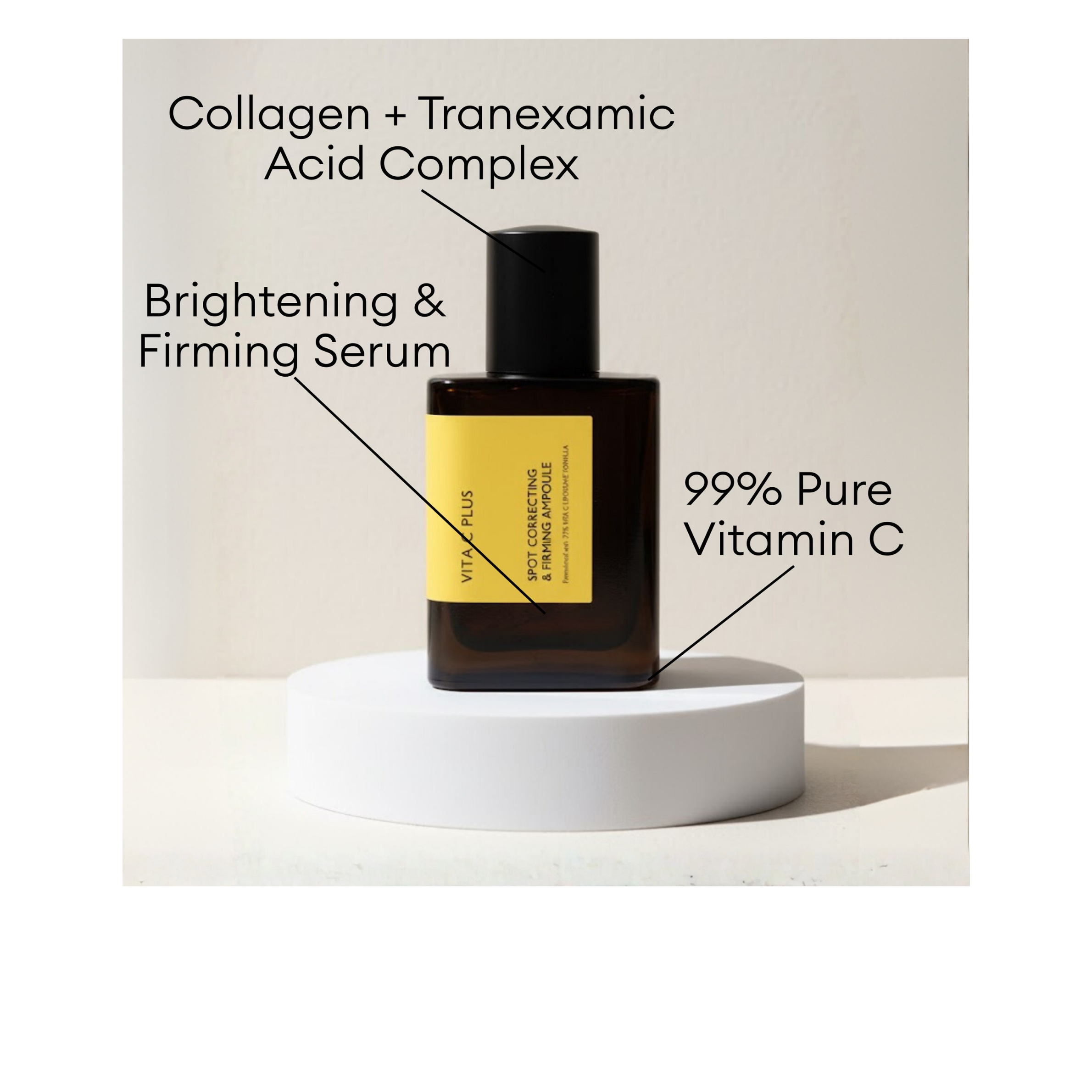 MISSHA Vita C Plus Spot Correcting & Firming Ampoule bottle containing 99% pure Vitamin C and Collagen + Tranexamic Acid Complex to help brighten skin.