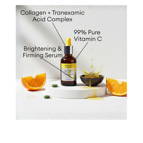 MISSHA Vita C Plus Spot Correcting and Firming Ampoule featuring Vitamin C and Collagen + Tranexamic Acid Complex.