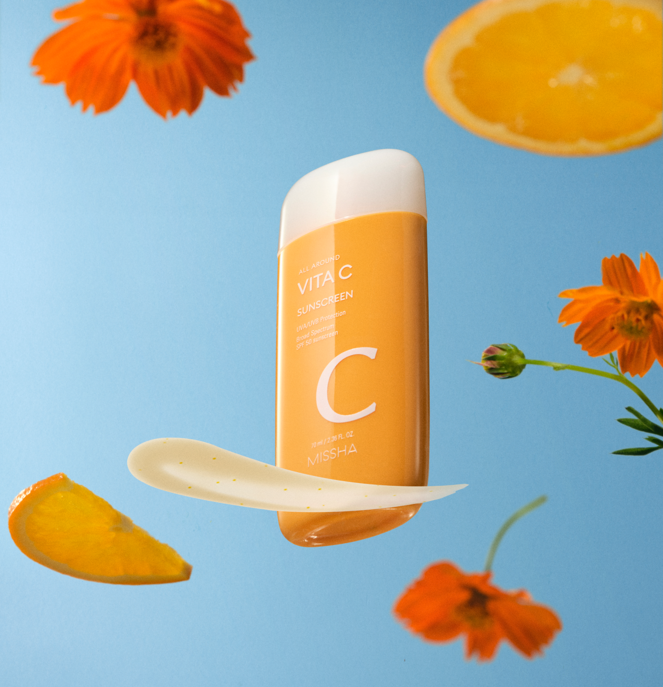 Promotional banner for MISSHA VITA C Sunscreen, an antioxidant-rich formula that provides broad-spectrum sun protection while brightening and evening skin tone.
